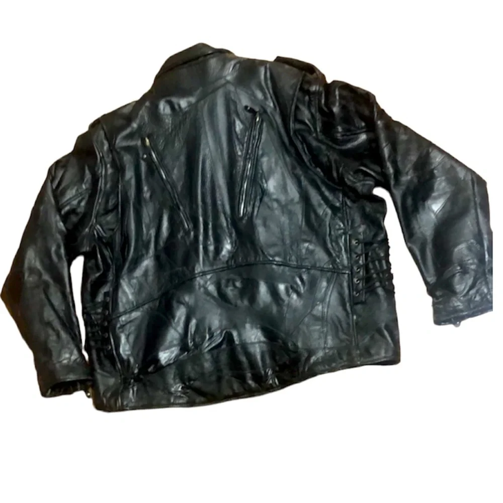 🌞 Diamond+Plate Black Buffalo Leather Moto Biker Jacket removable lining men 3XL